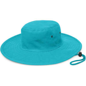 A wide-brim hat in vibrant turquoise, featuring a circular crown and a drawstring for adjustable fit.