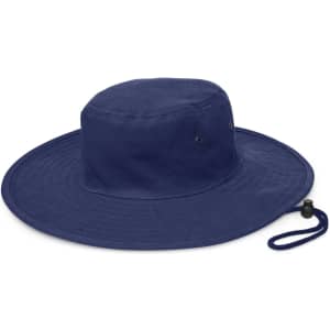 A wide-brim hat in navy blue, featuring ventilation eyelets and an adjustable chin strap.