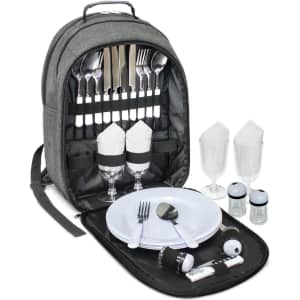 A grey picnic backpack with cutlery, plates, glasses, and salt and pepper shakers neatly arranged inside.