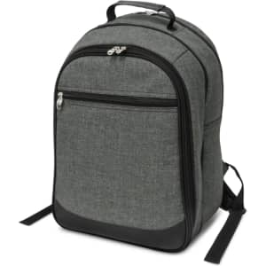 A grey backpack with a smooth black base, featuring zippers and a top handle, has a logo on the front.