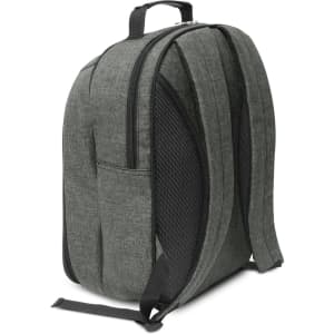 A grey picnic backpack with a textured surface, featuring padded straps and mesh side panels, with a logo on it.