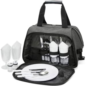A grey picnic bag contains cutlery, plates, glasses, and salt and pepper shakers, neatly organized inside.