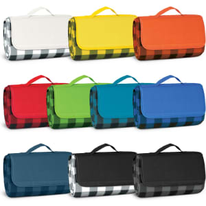 A collection of Alfresco Picnic Blankets in various colours, including white, yellow, orange, red, green, blue, and black.