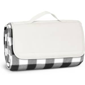 A grey and white checkered picnic blanket neatly rolled and secured with a handle. It features a soft fabric exterior.