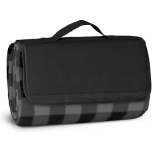 A picnic blanket featuring a black and grey checkered pattern, neatly folded with a black carrying handle.