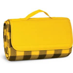 A rolled picnic blanket in yellow and black check pattern, featuring a handle for easy transport.