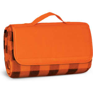 An orange picnic blanket with a checkered pattern, compactly folded with a carry handle.