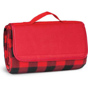 A red and black checkered picnic blanket, neatly rolled and secured with a handle, featuring a branded logo.