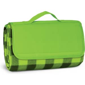 A green picnic blanket featuring a checkered pattern, neatly rolled and secured with a handle.