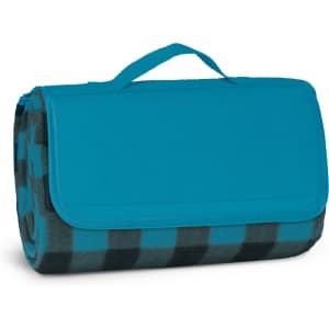 A rolled-up picnic blanket in teal and black checkered pattern, secured with a matching handle.