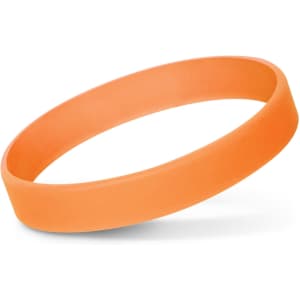 A silicone wristband in a bright orange color, designed to glow in the dark.