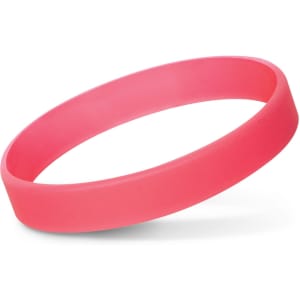 A pink silicone wristband with a smooth, glossy finish, suitable for events and exhibitions.