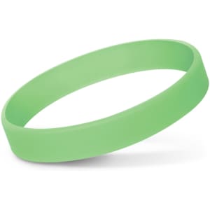 A silicone wristband in a vibrant glow-in-the-dark green color.