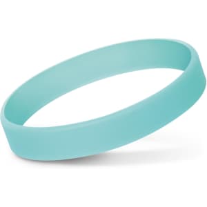 A silicone wristband in a soft teal color, designed to glow in the dark, displayed against a white background.