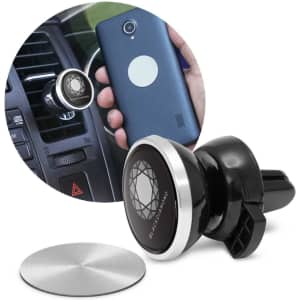 A black and silver magnetic phone holder and a matching metal disc. The holder is mounted in a car's air vent.