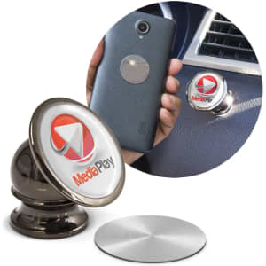 A metallic Enzo Magnetic Phone Holder in silver, with a circular base and a branded top, beside a smartphone.