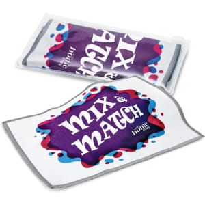 A cleaning cloth set featuring a vibrant purple and white design with colourful accents and a logo.