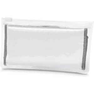 A transparent pouch containing a grey cleaning cloth for screens, suitable for phones and technology.