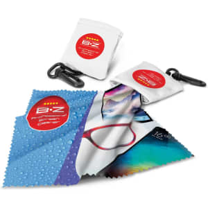 Screen cleaning cloths in white pouches with clips, featuring a textured blue and vibrant printed design.