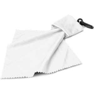 A white cleaning cloth with a clip at the top, suitable for cleaning screens and devices.