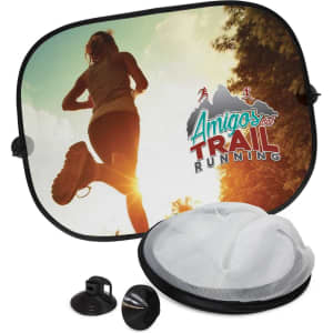 A sunshade set featuring a silhouette of a runner against a sunset background, with a logo and accessories included.