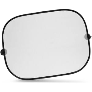 A two-panel car sunshade set in black and white design, featuring a soft fabric surface and round suction cups.