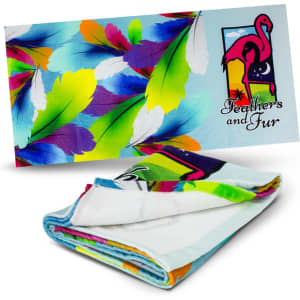 A vibrant blanket featuring colourful feathers in shades of blue, green, yellow, and purple, with a logo.