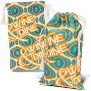 A cotton gift bag featuring a colourful abstract pattern in shades of blue, orange, and cream, with a drawstring closure.