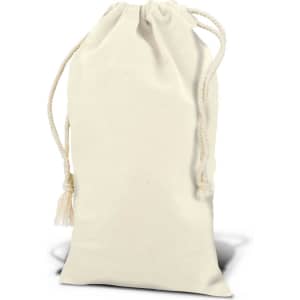 A natural beige cotton gift bag with a drawstring closure and tassels, featuring a brand logo.