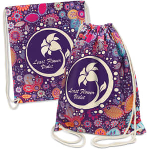 A vibrant purple drawstring backpack with floral patterns and a central logo design, featuring colourful accents.