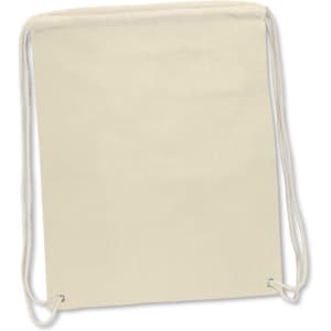 A cream-coloured drawstring backpack with a simple design and a branding logo at the bottom.