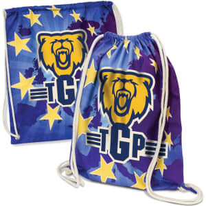 A drawstring backpack featuring a colourful blue and purple design with a bear logo and yellow accents.
