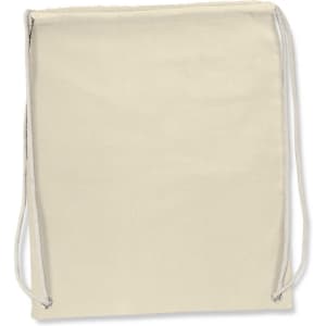 A cream-coloured cotton drawstring backpack with white cords, featuring a simple design and no visible logos.