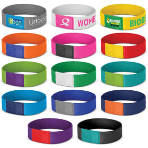 A set of multicoloured wristbands, featuring various designs and a logo on some, arranged in a grid layout.