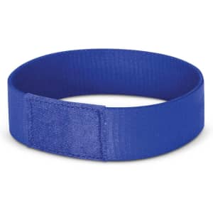 A blue Dazzler Wrist Band with a smooth texture and a fastening tab. It has branding details.