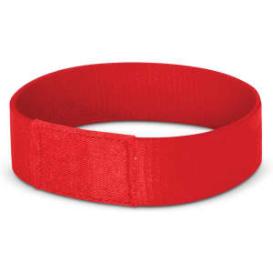 A vibrant red wristband designed for events and exhibitions, featuring a simple and sleek design.