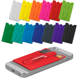A selection of colourful Snap Phone Wallets in various shades, displayed on a smartphone. The wallet is red.