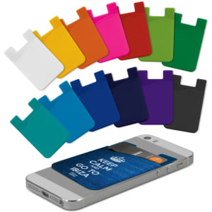 A selection of silicone phone wallets in various colours, displayed alongside a smartphone.