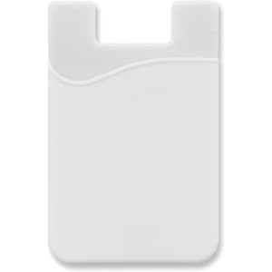 A white silicone phone wallet with a textured design and a curved top edge. Features a logo.