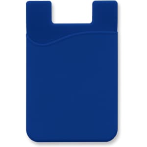 A blue silicone phone wallet with a curved design and a slot at the top, featuring a logo.