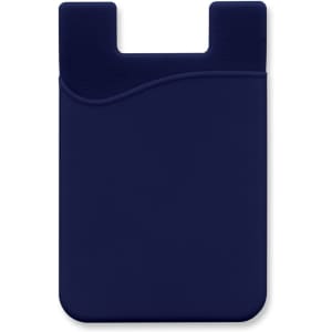 A navy silicone phone wallet with a curved design and a slot for cards. It has a branding logo on it.