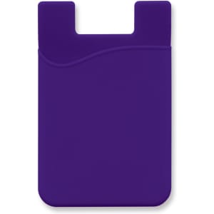 A purple silicone phone wallet with a curved design and a slot for cards. Features a logo on the surface.
