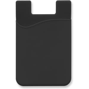 A black silicone phone wallet with a smooth surface and a curved design element. It features a logo on the front.
