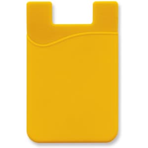 A bright yellow silicone phone wallet with a curved design and a logo on the surface.