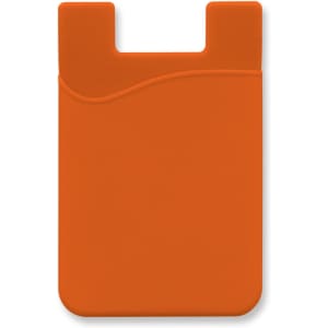 An orange silicone phone wallet with a curved design and a logo. Ideal for attaching to the back of a phone.