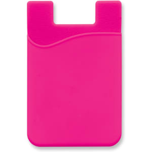 A pink silicone phone wallet with a textured design, featuring a cut-out at the top and a smooth back.