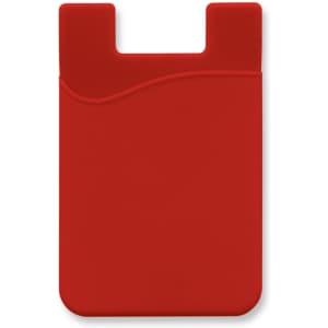 A red silicone phone wallet with a curved design and a slot for cards. It features a logo on the front.