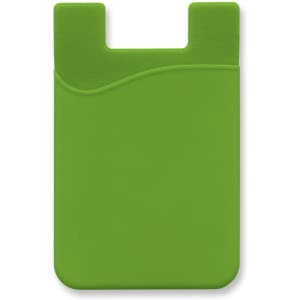 A green silicone phone wallet with a wave design and a slot for cards, featuring a logo.