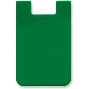 A green silicone phone wallet with a curved design and a slot for cards. It features a branding logo.