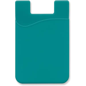 A teal silicone phone wallet with a smooth surface and a small cut-out at the top, featuring a logo.